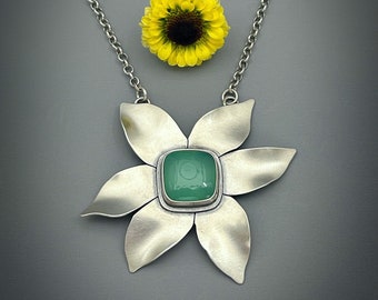 Handcrafted Large Flower Necklace With Chrysoprase Gemstone, Botanical Jewelry For Flower Lover,  Sterling Silver Quote Necklace