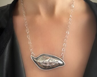 Hand Sculpted Silver Leaf Necklace, Botanical Leaf Pendant With Quote, Modern Jewelry in Sterling Silver