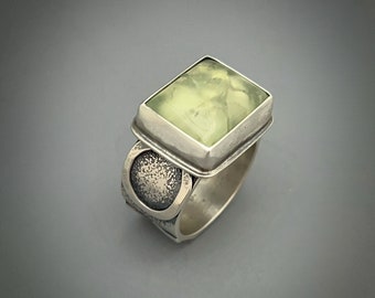 Silver X And O Ring, Sterling Wide Band For Women, Prehnite Gemstone, Hugs And Kisses Ring, Handcrafted One Of A Kind