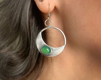 Handcrafted Crescent Moon Earrings, Green Chalcedony Gemstone Jewelry, Celestial Hoop Earrings In Sterling Silver