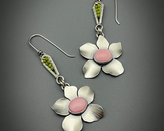 Silver Flower Earrings With Conch Shell Gemstones, Botanical Earrings For Women, Pink Dangle Earrings, Mother's Day Earring Gift