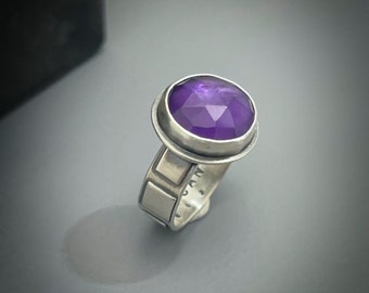 Purple Amethyst Gemstone Ring, Unique Sterling Silver Ring in  Women Size 8, Quote On The Inside Of Band