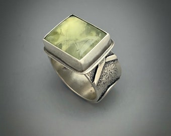 Silver X And O Ring, Sterling Wide Band For Women, Prehnite Gemstone, Hugs And Kisses Ring, Handcrafted One Of A Kind