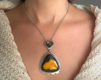 Bumble Bee Jasper Necklace With Heart Quartz, Black, Yellow And Orange Gemstone, Sterling Silver Handcrafted By Silversmith, Quote Necklace