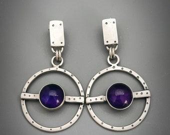 Purple Amethyst Earrings, Sterling Silver Hoops Earrings, Purple Gemstone Earrings For Women, Statement Dangle Earrings