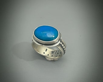 Peruvian Blue Opalina Ring In Sterling, Quote On The Inside Of Band, Handcrafted Silver Ring Band