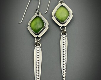 Green Serpentine Gemstone Drop Earrings For Women, Sterling Silver Modern Earrings, Handcrafted Jewelry By Metalsmith