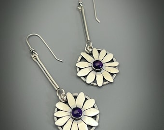 Amethyst Gemstone Flower Earrings Silver, Handcrafted Sterling Jewelry, Nature Inspired Earrings, One Of A Kind Jewelry, Daisy Flowers