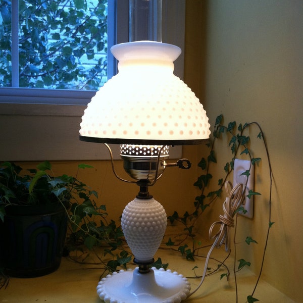 Vintage Hobnail Milk Glass Hurricane Lamp