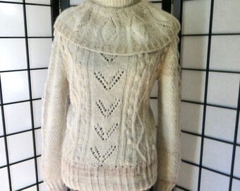 Alpaca Aran sweater handknitted pullover made in Bolivia medium with cowl.