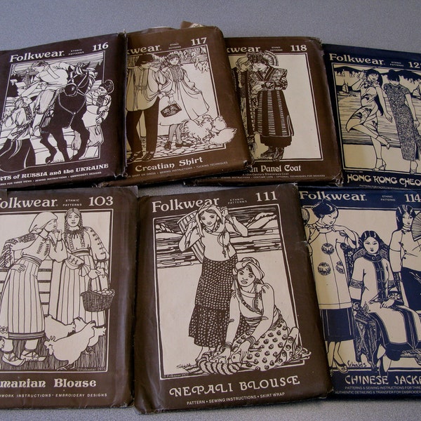 FOLKWEAR Patterns 1970s collectible traditional costumes lot of 11 most uncut