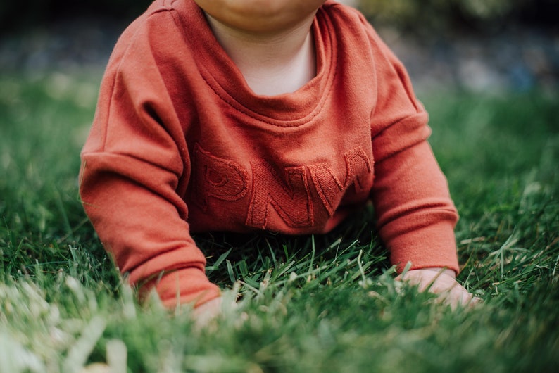 May include: A rust-colored baby sweatshirt with the letters "PNW" embroidered on the front. The child is crawling on green grass. The sweatshirt has long sleeves and a crew neck.