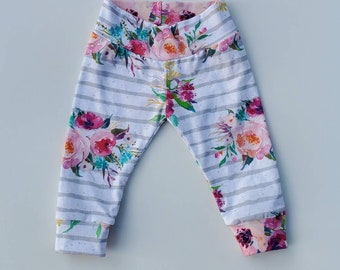 Floral Leggings, Leggings,Girl Leggings, baby pants, baby leggings, Toddler leggings, floral strip, pink, aqua, green, floral, pink floral
