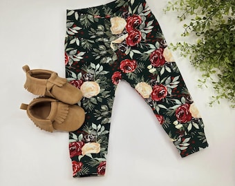 Green Christmas Floral Leggings,floral Leggings,Girl Leggings,baby pants,baby girl leggings,Toddler leggings,christmas leggings,christmas
