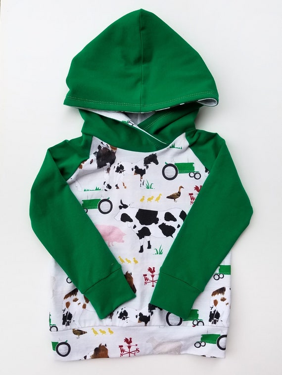 Farm Hoodie, Hoodie, Toddler Hoodie, Sweatshirt, Farm, Horse, Cow, Pig, Tractor, Green Tractor, Kelly Green, Crossover hood, Kid Hoodie