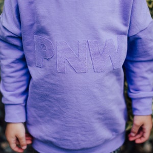 May include: A lilac sweatshirt featuring the embroidered letters "PNW". The long-sleeved top is made of a soft material and is worn by a child. The child is also wearing patterned shorts.