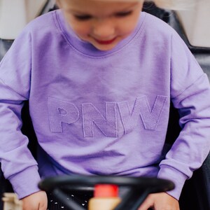 May include: A lilac crew neck sweatshirt with the letters "PNW" stitched across the chest. The sweatshirt is a solid colour and has long sleeves. The image is of a child wearing the sweatshirt.