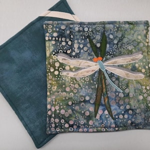 Appliqued Dragonfly Pot Holder, Trivet, Fabric Art, Hot Pad, cottagecore, dragon, kitchen decor, cooking