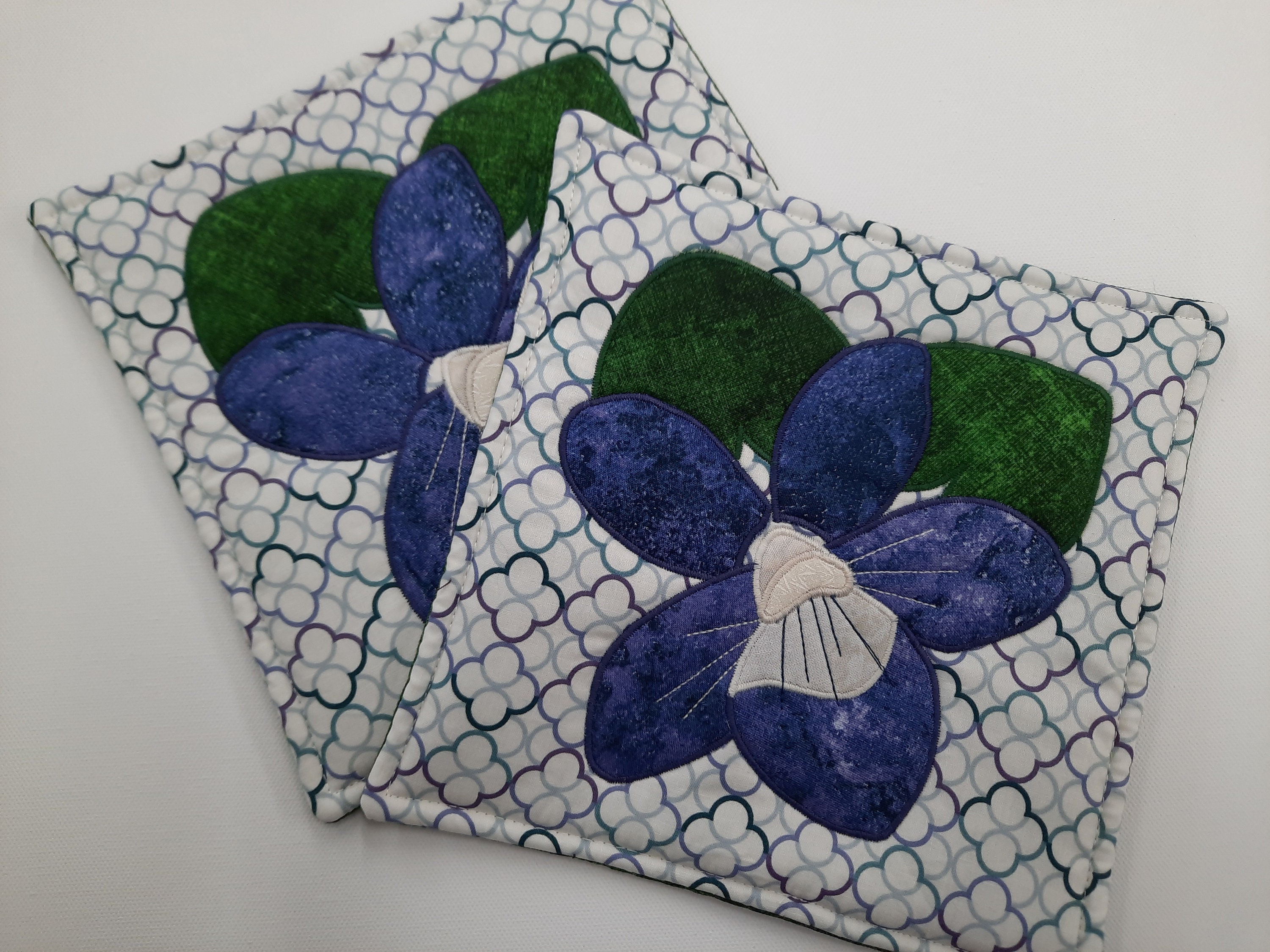 Appliqued Violet Pot Holder, Trivet, Purple Flower