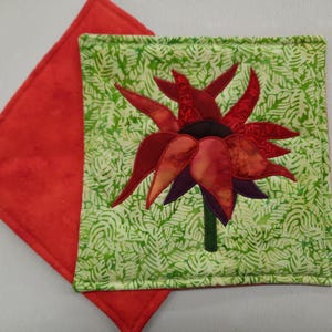 May include: Two handmade quilted pot holders. One is red, the other is green with a red and purple flower design. The flower has a dark brown center and a green stem. The green pot holder has a leaf pattern.