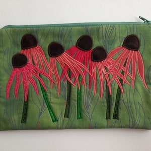Echinacea Appliqued Zipper Pouch: Botanical Art Coneflower Pouch