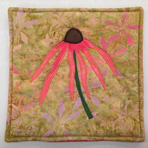 Floral Pot Holder Square Coneflower Wildflower Garden Textile Art Botanical Hot Pad Handmade Cotton Trivet Heat Protector Kitchen Accessory
