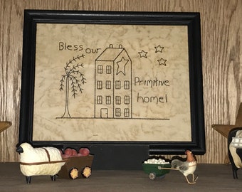 Bless this Primitive House embroidered picture