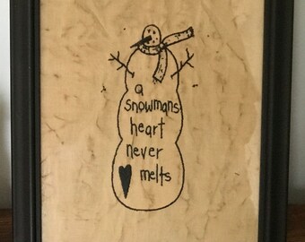 A Snowmans Heart Never Melts Machine Embroidery Picture in Black Frame