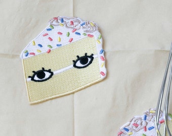 Slice of Yellow Cake with Eyes 3" Iron On Patch - Dessert Club Slice of Birthday Cake with Sprinkles Sweet Patch