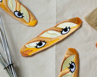 Baguette with Eyes 4" Iron On Patch - Bread Club French Bakery Food Patch