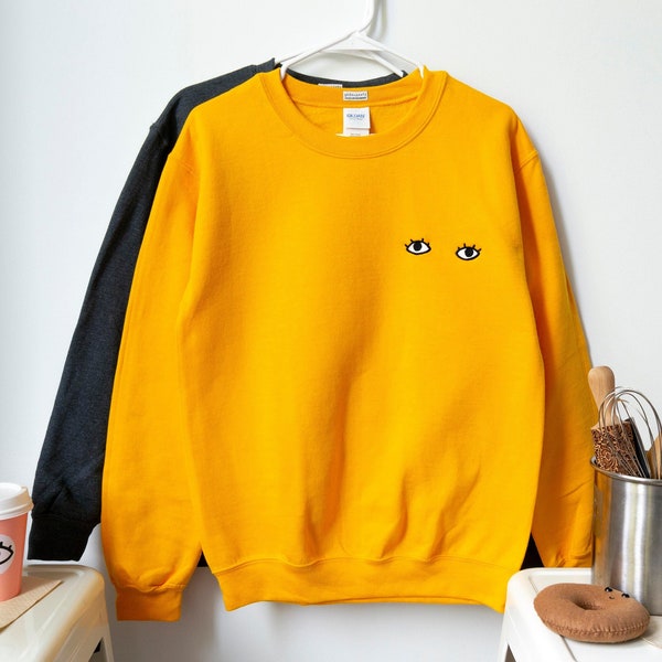 Eyes with Eyelashes Embroidered Crewneck Sweatshirt - Goldenbeets Cozy Warm Heavy Blend Winter Sweater