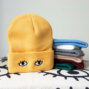 Knit Beanie Cap with Eyes Goldenbeets Embroidered Warm Cozy Hat One Size Fits All Yellow