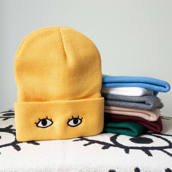 Knit Beanie Cap with Eyes - Goldenbeets Embroidered Warm Cozy Hat One Size Fits All