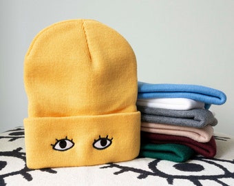 Knit Beanie Cap with Eyes - Goldenbeets Embroidered Warm Cozy Hat One Size Fits All