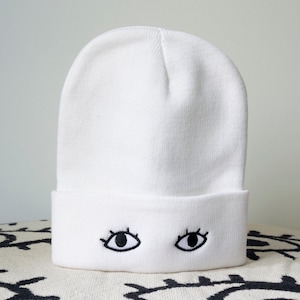 Knit Beanie Cap with Eyes Goldenbeets Embroidered Warm Cozy Hat One Size Fits All White