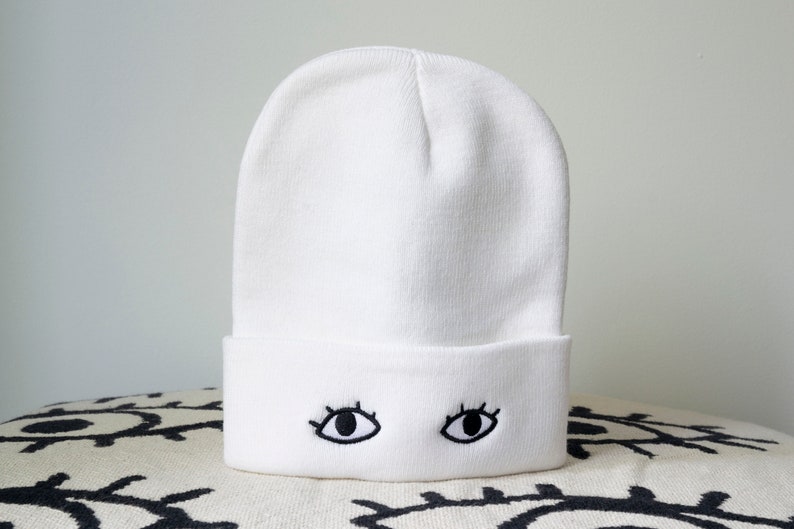 Knit Beanie Cap with Eyes Goldenbeets Embroidered Warm Cozy Hat One Size Fits All White