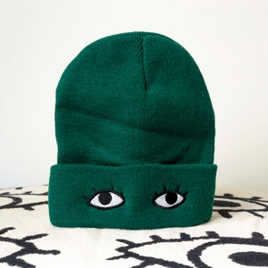 Knit Beanie Cap with Eyes Goldenbeets Embroidered Warm Cozy Hat One Size Fits All Green