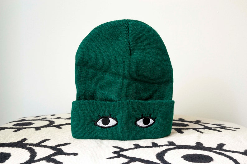 Knit Beanie Cap with Eyes Goldenbeets Embroidered Warm Cozy Hat One Size Fits All Green