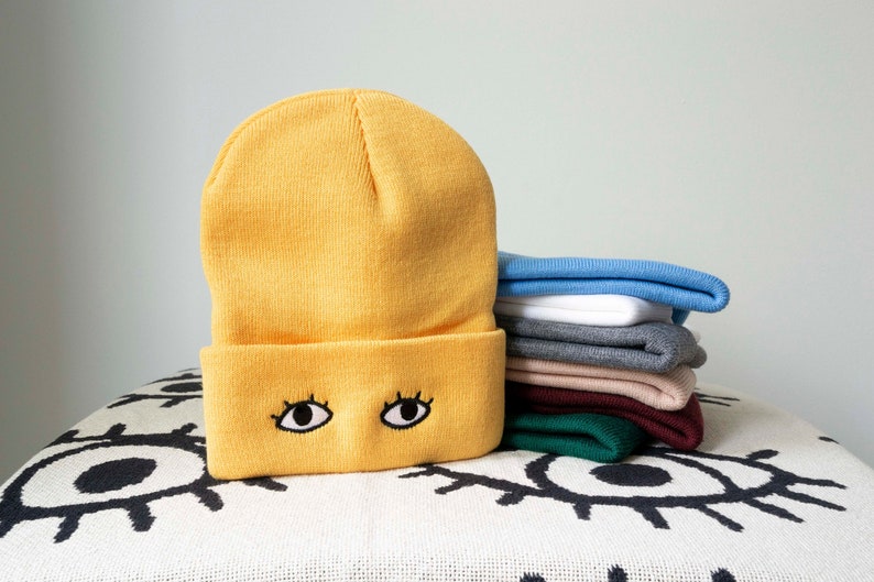 Knit Beanie Cap with Eyes Goldenbeets Embroidered Warm Cozy Hat One Size Fits All Yellow