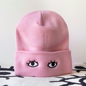 Knit Beanie Cap with Eyes Goldenbeets Embroidered Warm Cozy Hat One Size Fits All Pink