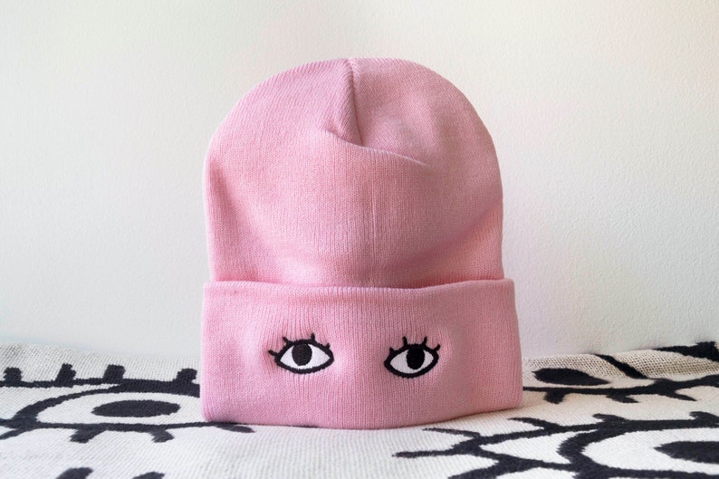 Knit Beanie Cap with Eyes Goldenbeets Embroidered Warm Cozy Hat One Size Fits All Pink