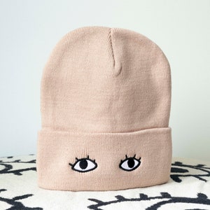 Knit Beanie Cap with Eyes Goldenbeets Embroidered Warm Cozy Hat One Size Fits All Tan