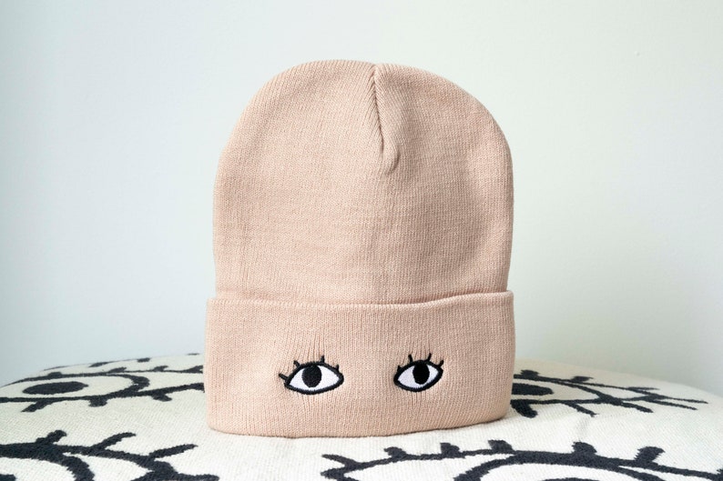 Knit Beanie Cap with Eyes Goldenbeets Embroidered Warm Cozy Hat One Size Fits All Tan