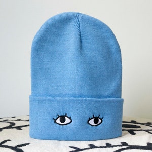 Knit Beanie Cap with Eyes Goldenbeets Embroidered Warm Cozy Hat One Size Fits All Blue