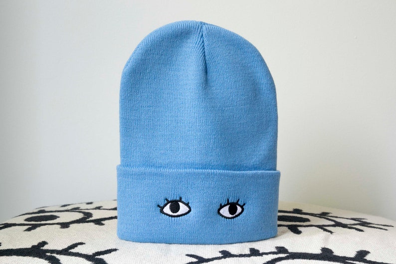 Knit Beanie Cap with Eyes Goldenbeets Embroidered Warm Cozy Hat One Size Fits All Blue