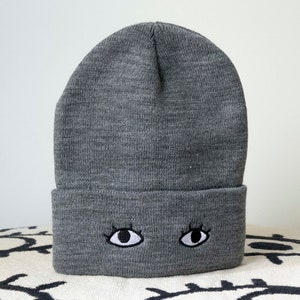 Knit Beanie Cap with Eyes Goldenbeets Embroidered Warm Cozy Hat One Size Fits All Gray