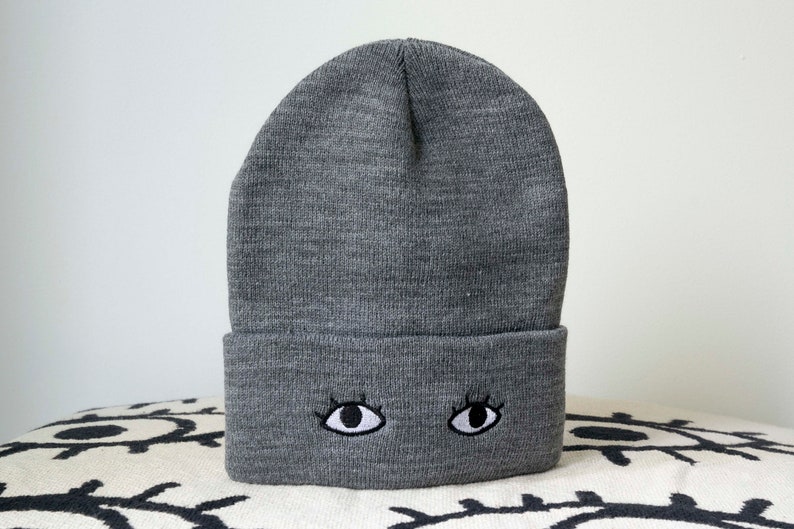 Knit Beanie Cap with Eyes Goldenbeets Embroidered Warm Cozy Hat One Size Fits All Grey