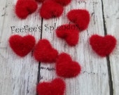 Set of 10 - Red Fuzzy Heart Embellishments - 17 mm fabric covered button - Heart button - Heart flat back