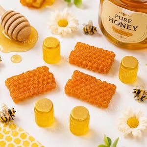 May include: An overhead shot features honey-themed items. There are small jars, honeycomb-shaped objects, a wooden honey dipper, and decorative bees. A jar of honey with the text "PURE HONEY" is also visible. The color palette is primarily yellow and white.