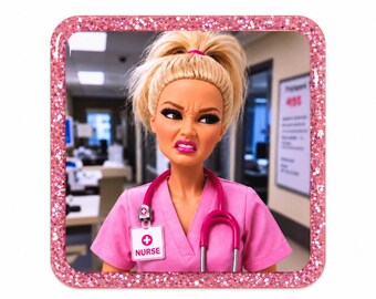 2 PCS Disgusted Nurse Doll Meme Glitter Acrylic Flatbacks for Badge Reels, Keychains